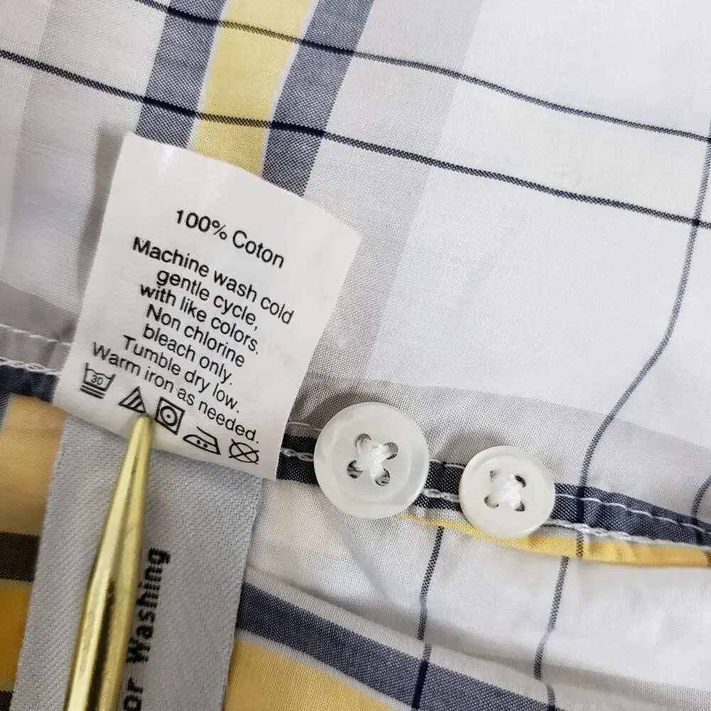 J. Crew NY Light Weight Shirt Slim Fit Men L Button Down White Yellow Navy Plaid
